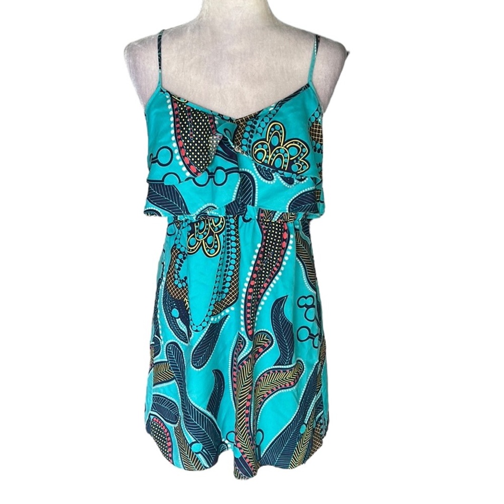 Tibi Anthro Silk Turquoise Tropical Palm Leaf Paisley Draped Ruffle Mini Dress 6